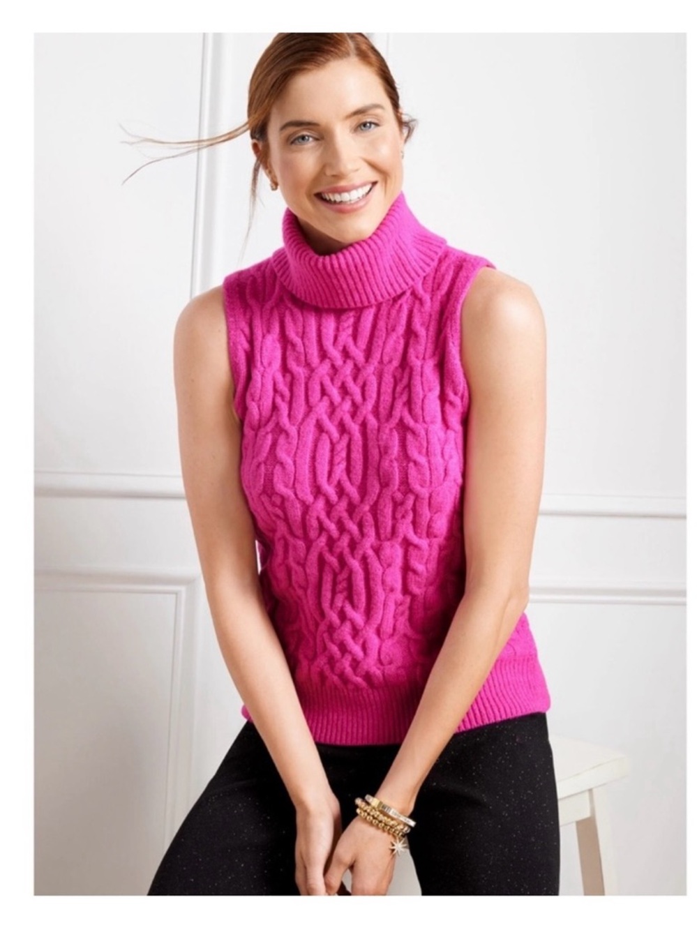 Talbots Hot Pink Cable-Knit Sleeveless Turtleneck - Sz M, NWOT